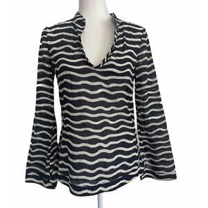Tory Burch Sequined Tunic Top Navy White Striped Long Sleeve Blouse Popover 2 XS
